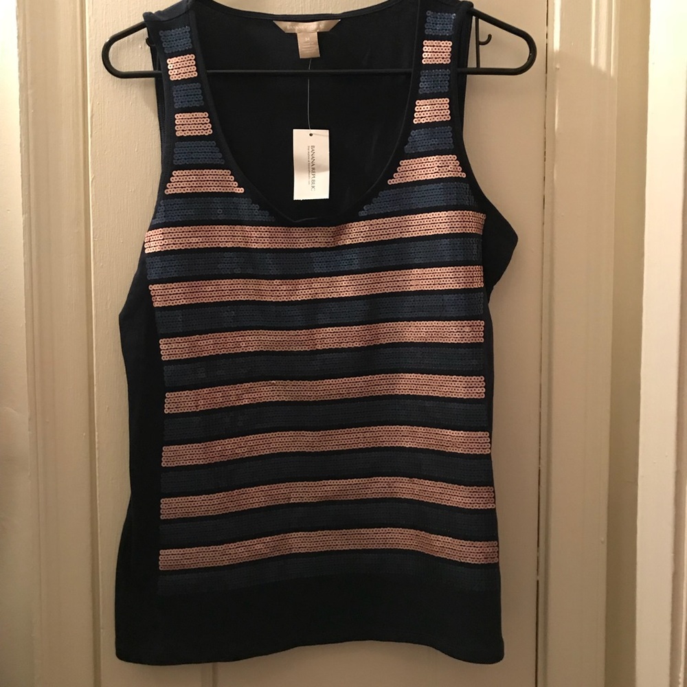 NWT navy w/ gold & blue sequin stripes tank top.